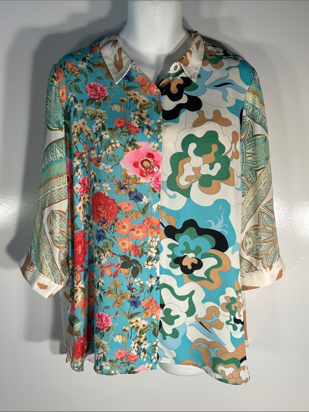 Rose & Olive SZ 2X Green & Camel Mixed Media Prints Tunic Top Festive Resort Fem